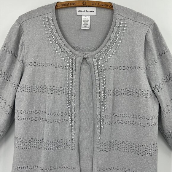 Alfred Dunner Stunner Cardigan Large Silver Open-Front With Pearls & Chains - Picture 5 of 6
